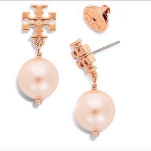 New Tory Burch Pearl Drop Earrings Rose Gold CCO